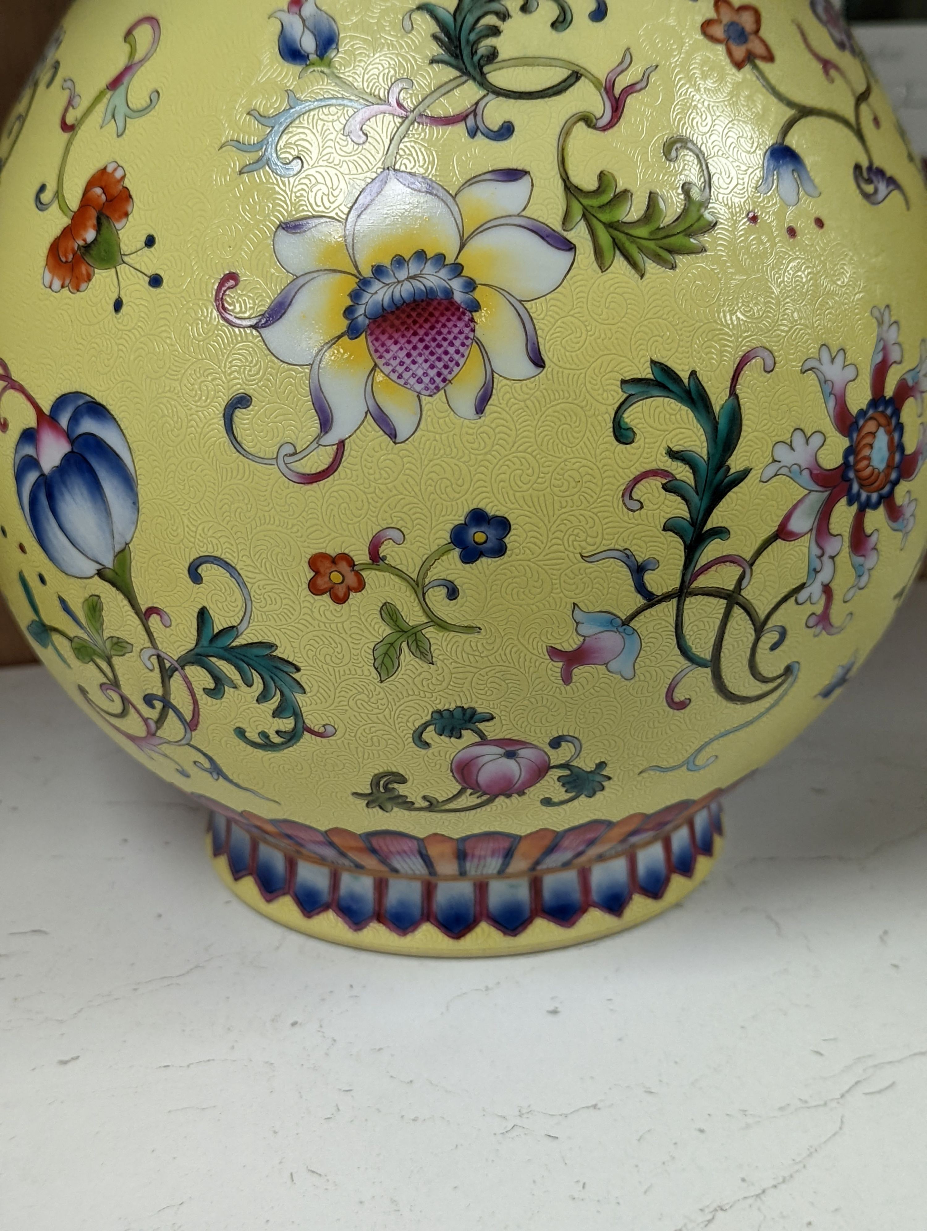 A Chinese yellow-ground porcelain pear-shaped vase, 34cm